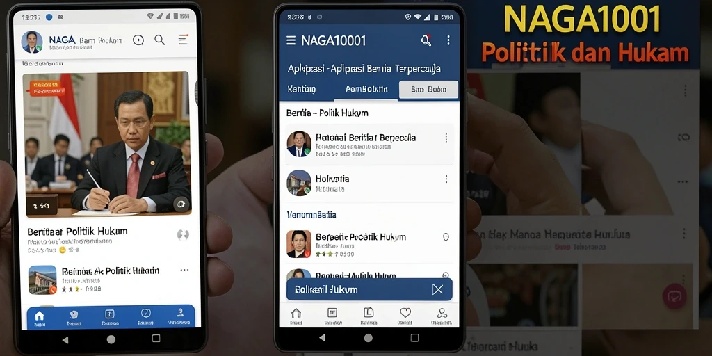 Tampilan antarmuka aplikasi NAGA1001 dengan berita politik dan hukum.